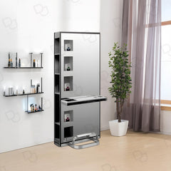 Beauty Salon Spa Single Side Mirror Station With Storage Shelves Black - salon mirror - salon furniture - dayjour