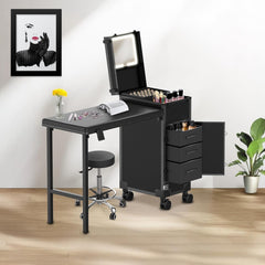 Portable Makeup Beauty Case Trolley with Foldable Manicure Table and 3 Drawers for Storage- makeup trolley with table - manicure table portable - dayjour-uae