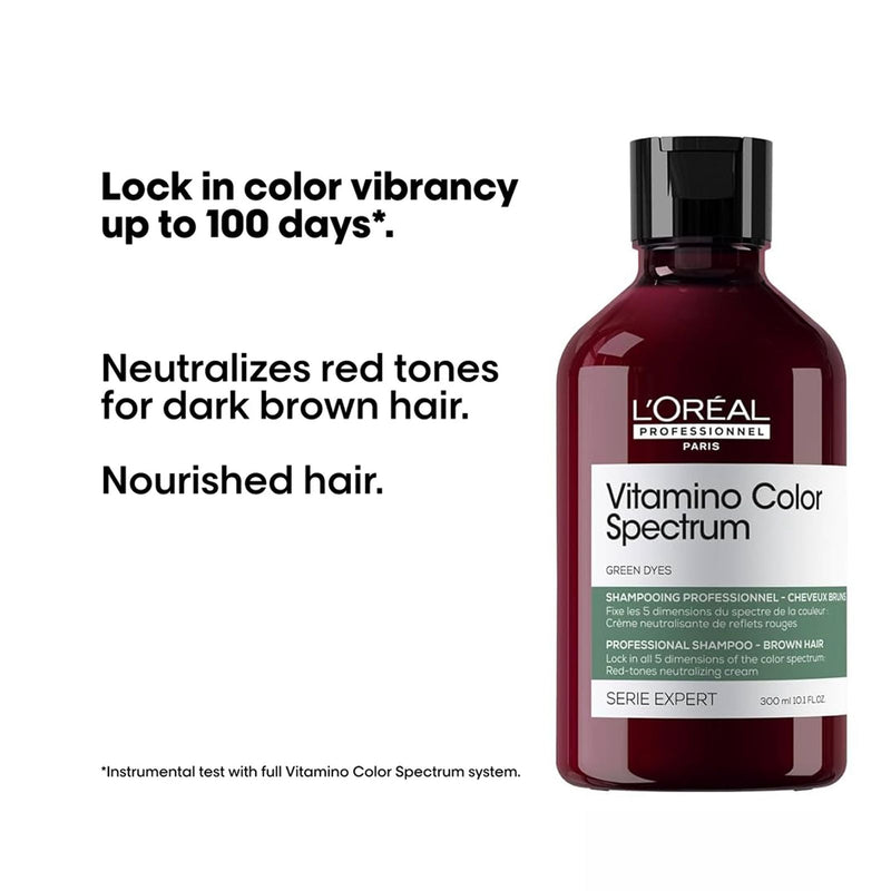 L’Oréal Vitamino Color Spectrum Green Shampoo 300ml – Neutralizing Care for Dark Brown Hair - Loreal UAE - Vitamino color spectrum shampoo - Green dyes - Shampoo for dark brown hair - Dayjour - UAE