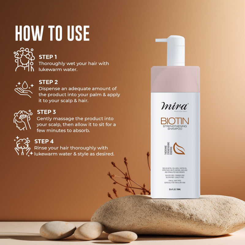 Mira Biotin Strengthening Shampoo 750ml - dayjour - أفضل شامبو لتساقط الشعر وتكثيفه - anti hair fall shampoo - best anti hair fall shampoo in UAE - hair strengthening shampoo - shampoo for loss loss - UAE - Dubai - Mira - Biotin strengthening shampoo
