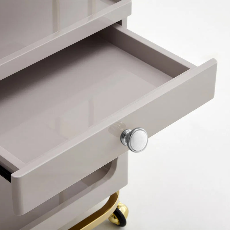 3-Tier Pigeon Grey and Gold Salon Trolley with Drawer – Rolling Serving Cart for Beauty, Spa, and Nail Professionals