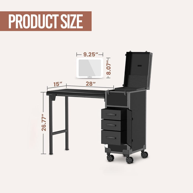 Portable Makeup Beauty Case Trolley with Foldable Manicure Table and 3 Drawers for Storage- makeup trolley with table - manicure table portable - dayjour-uae 