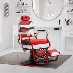 SCAR Professional Premium Red and White Hydraulic Barber Chair with Adjustable Headrest, Reclining Backrest, Padded Footrest and 360° Rotation