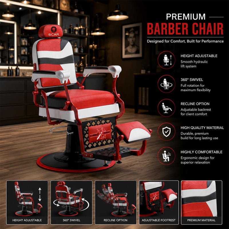 SCAR Professional Premium Red and White Hydraulic Barber Chair with Adjustable Headrest, Reclining Backrest, Padded Footrest and 360° Rotation
