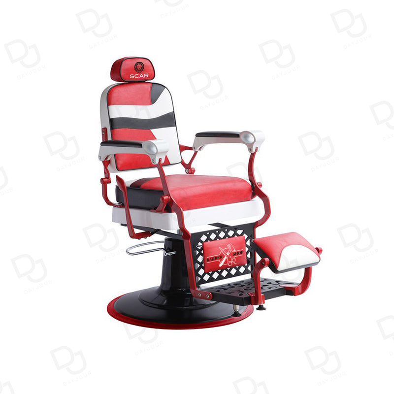 SCAR Professional Premium Red and White Hydraulic Barber Chair with Adjustable Headrest, Reclining Backrest, Padded Footrest and 360° Rotation