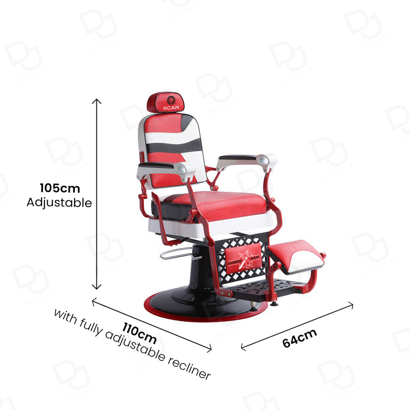SCAR Professional Premium Red and White Hydraulic Barber Chair with Adjustable Headrest, Reclining Backrest, Padded Footrest and 360° Rotation