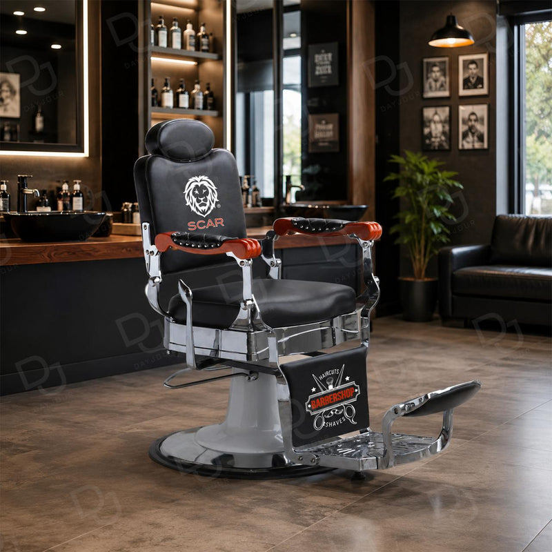 SCAR Professional Luxury Hydraulic Barber Chair with Chrome Frame, Adjustable Headrest and Footrest for Men's Salon