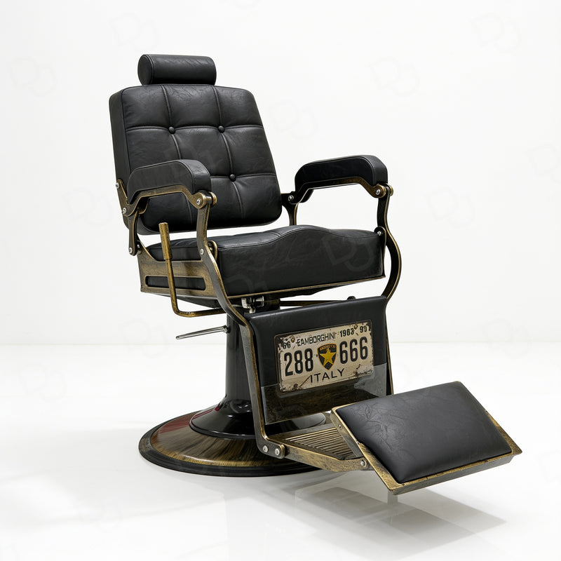 black vintage-style barber chair with quilted padded backrest, adjustable headrest, gold-tone details and footrest