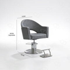 grey ladies styling chair with curved padded backrest, hydraulic chrome base and salon footrest