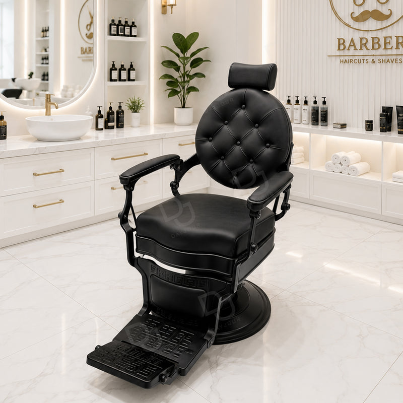 black matte finished barber chair with hydraulic base, reclining backrest, padded armrests and footrest - gents barber chair - salon chair - reclining chair - Dayjour - UAE
