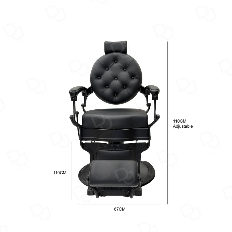 black matte finished barber chair with hydraulic base, reclining backrest, padded armrests and footrest - gents barber chair - salon chair - reclining chair - Dayjour - UAE