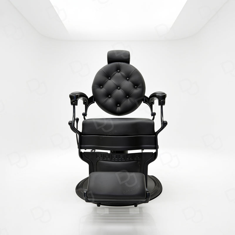 black matte finished barber chair with hydraulic base, reclining backrest, padded armrests and footrest - gents barber chair - salon chair - reclining chair - Dayjour - UAE