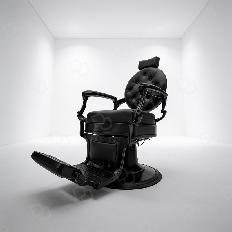 black matte finished barber chair with hydraulic base, reclining backrest, padded armrests and footrest - gents barber chair - salon chair - reclining chair - Dayjour - UAE