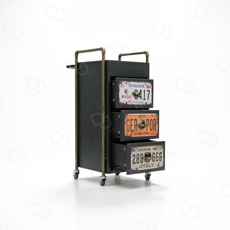 Black 3-drawer professional salon trolley with wheels for hairdressing and beauty tool storage
