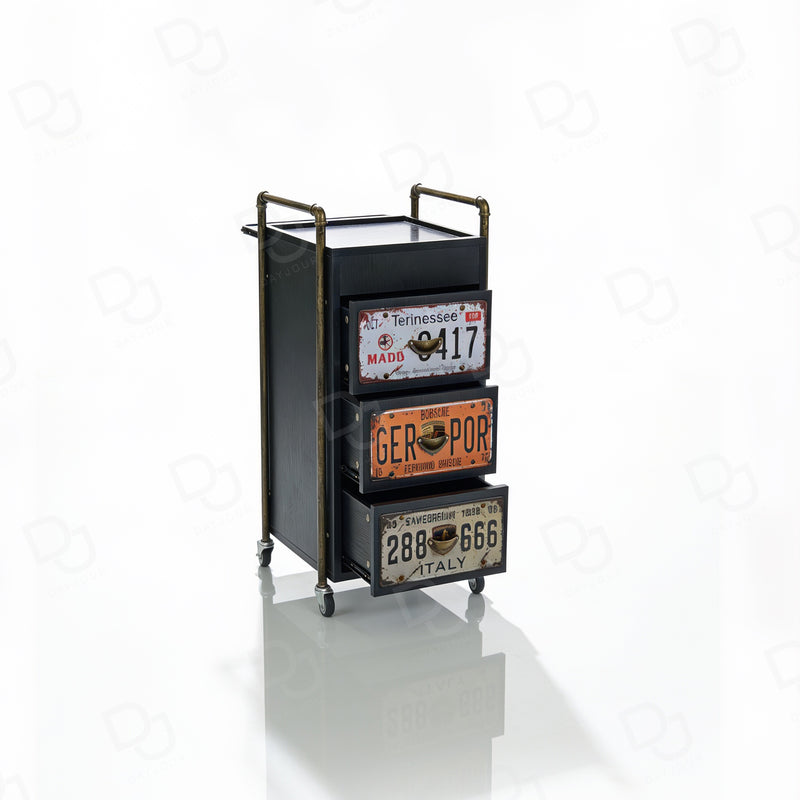 Black 3-drawer professional salon trolley with wheels for hairdressing and beauty tool storage