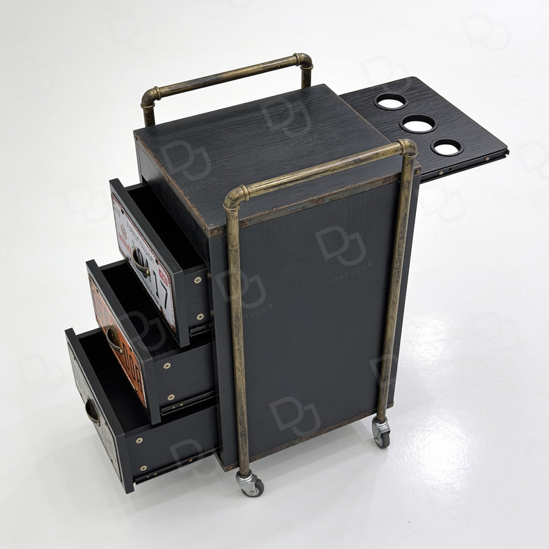 Black 3-drawer professional salon trolley with wheels for hairdressing and beauty tool storage