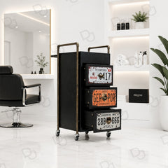Black 3-drawer professional salon trolley with wheels for hairdressing and beauty tool storage