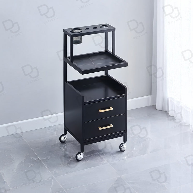 Salon Hair Beauty Station Black - Barber trolley - salon trolley for keeping things - Trolley with Hair dryer holder - Dayjour - UAE