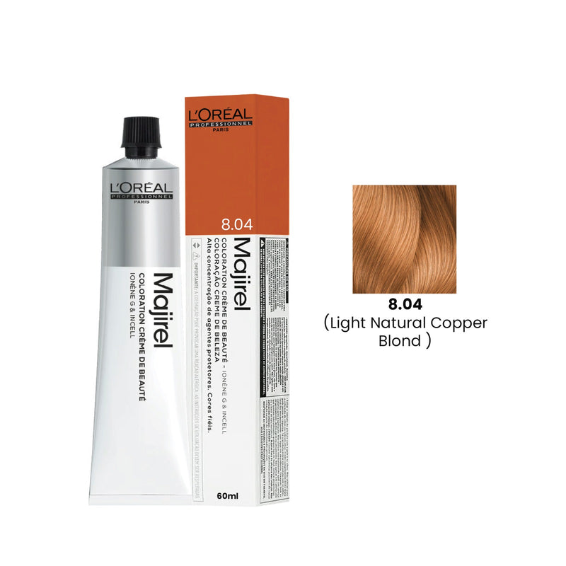 L'Oréal Professionnel Majirel 8.04 Light Natural Copper Blonde 60ml permanent salon hair color with warm copper tones