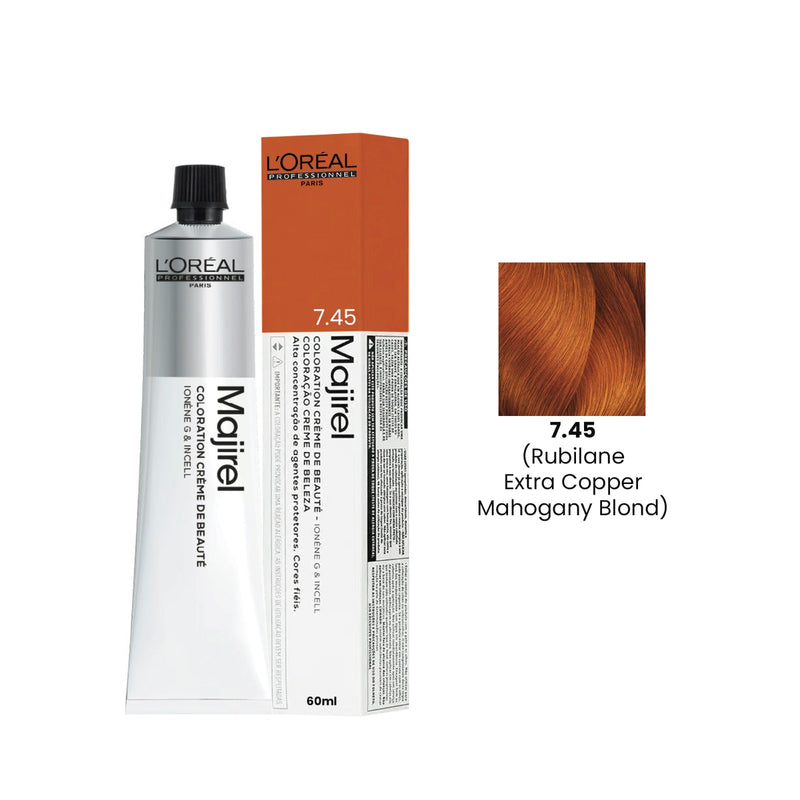 L'Oréal Professionnel Majirel 7.45 Rubilane Extra Copper Mahogany Blonde 60ml permanent salon hair color with copper mahogany tones
