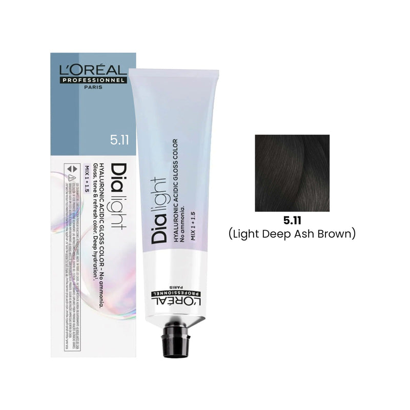 L’Oréal Dia Light 5.11 light deep ash brown 60ml professional hair color gloss tube UAE salon use - loreal dia light - 5.11 ash brown hair color uae - loreal professional dia light 60ml - ash brown toner uae - demi permanent gloss hair dye