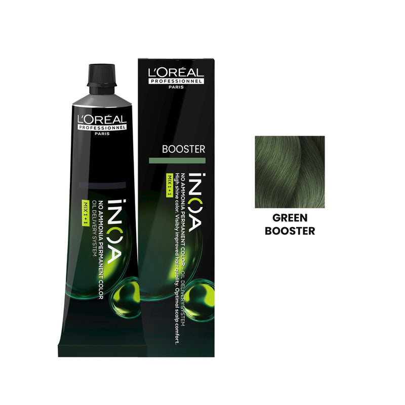 L’Oréal iNOA green booster 60g professional hair color tube salon red neutralizer additive UAE - inoa green booster - red tone corrector uae salon - green hair color additive loreal - ammonia free color neutralizer uae - salon hair correction booster - inoa professional green mix