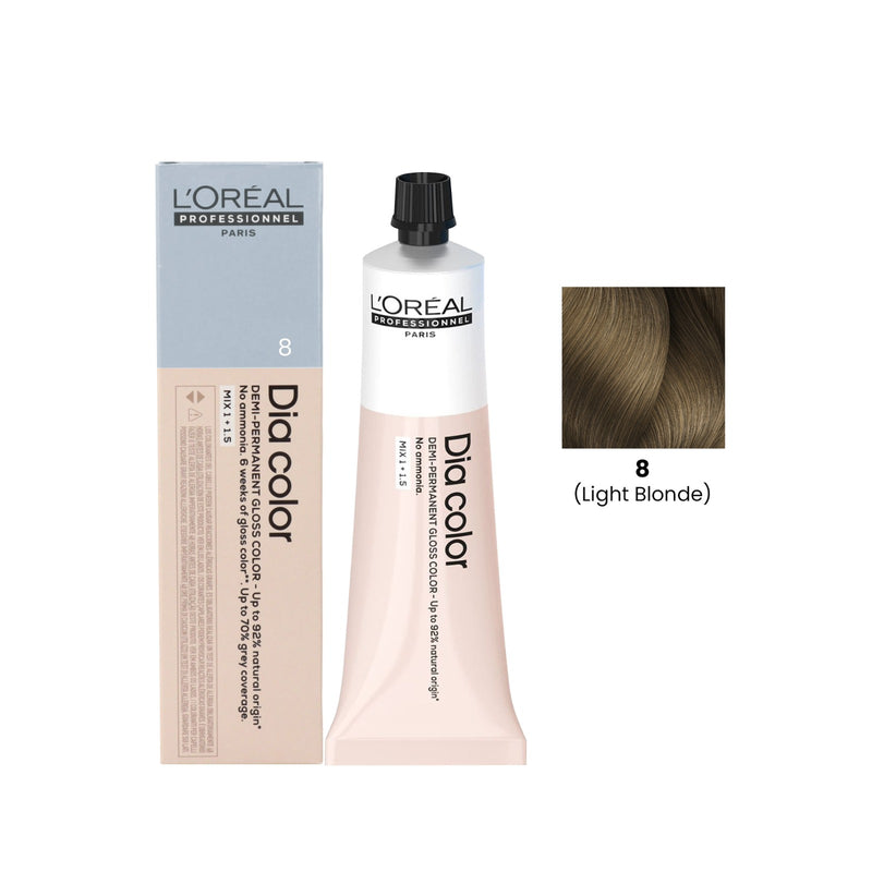 L'Oréal Dia Color 8 - Dia Color 8 Light Blonde - Dia Color 60ml UAE - L'Oréal blonde hair colour - Light Blonde hair dye - professional hair colour UAE - ammonia free hair colour - demi permanent hair colour UAE - salon blonde hair colour L'Oréal Professionnel Dia Color-