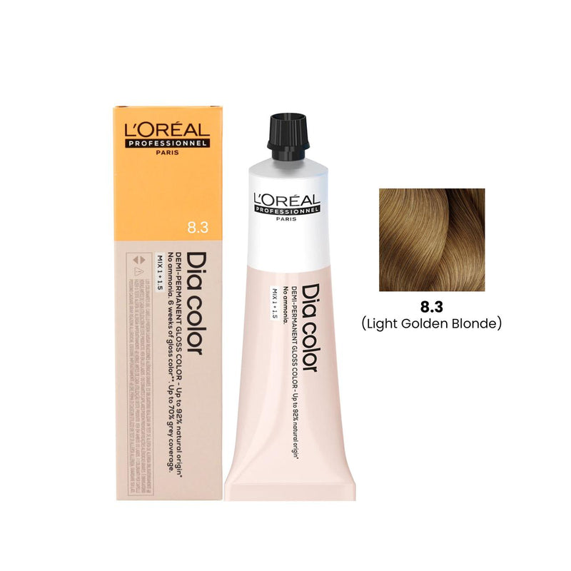 L’Oreal Dia Color 8.3 - Dia Color 8.3 Light Golden Blonde - L’Oreal hair color UAE - professional hair color UAE - demi permanent hair color - golden blonde hair color - ammonia free hair color - L’Oreal Professionnel Dia Color - 60ml hair color - salon hair color UAE