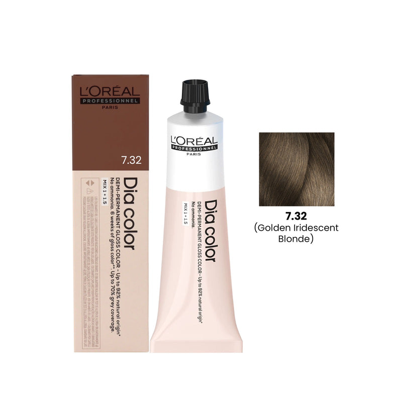 L'Oréal Dia Color 7.32 - Dia Color Golden Iridescent Blonde - Dia Color 60ml UAE - L'Oréal golden blonde hair colour - iridescent blonde dye - professional hair colour UAE - demi-permanent hair colour - ammonia-free hair dye - Dia Color UAE - salon blonde colour