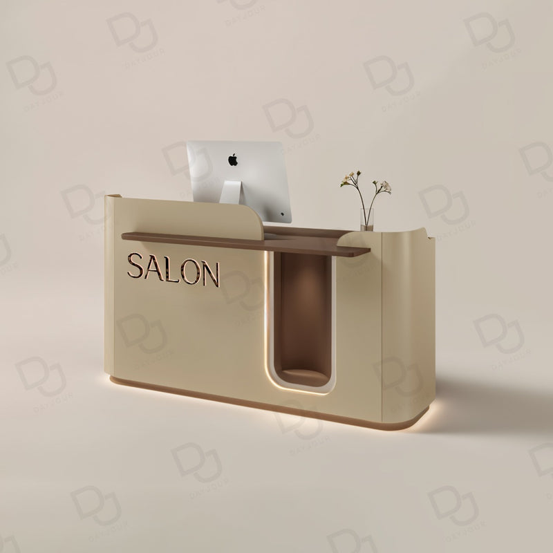 Modern Beige Salon Reception Desk with SALON Lettering - salon reception desk Saudi Arabia - Salon furniture Qatar - Reception desk Oman - Dayjour