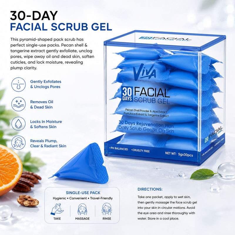 Viva Professional 30-Day Facial Scrub Gel 30 Single-Use Sachets with Pecan Shell Powder and Aloe Vera for Daily Skin Exfoliation - Best Facial Scrub UAE - Viva Professional Facial Scrub - Daily Face Exfoliator - Pore Cleansing Scrub - Face Scrub for Oily Skin - Travel Facial Scrub - Single Use Face Scrub - Gentle Facial Exfoliator UAE
