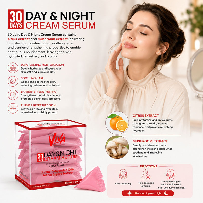 Viva Professional 30-Day Day & Night Cream Serum with Citrus Extract, Mushroom Extract and Panthenol in 30 Single-Use Sachets for Daily Hydration