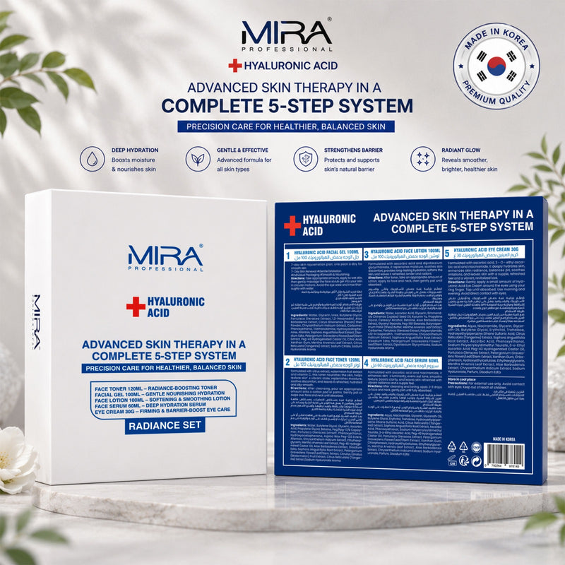 MIRA Advanced Skin Therapy Set with Hyaluronic Acid Complete 5-Step Radiance Skincare Collection for Deep Hydration and Glowing Skin - MIRA Advanced Skin Therapy Set - Hyaluronic Acid Skincare Set UAE - 5 Step Skincare Routine - Hydrating Skincare Kit - Complete Facial Care Set - Skin Brightening Kit - Moisturizing Face Care - Daily Skincare Set