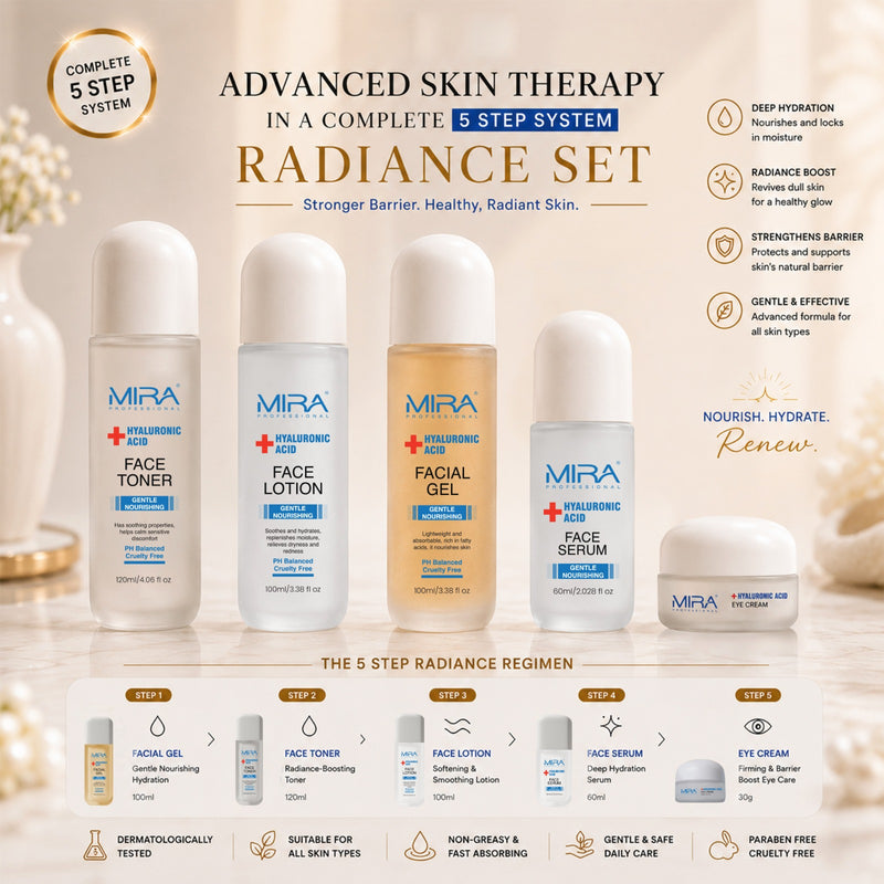 MIRA Advanced Skin Therapy Set with Hyaluronic Acid Complete 5-Step Radiance Skincare Collection for Deep Hydration and Glowing Skin - MIRA Advanced Skin Therapy Set - Hyaluronic Acid Skincare Set UAE - 5 Step Skincare Routine - Hydrating Skincare Kit - Complete Facial Care Set - Skin Brightening Kit - Moisturizing Face Care - Daily Skincare Set