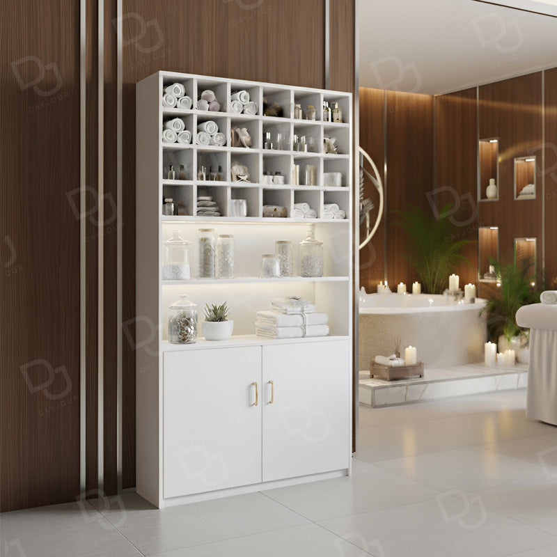 Salon Spa Wooden Storage Wardrobe Cabinet White - Product display stand for salon - Spa product organizer - Dayjour - UAE
