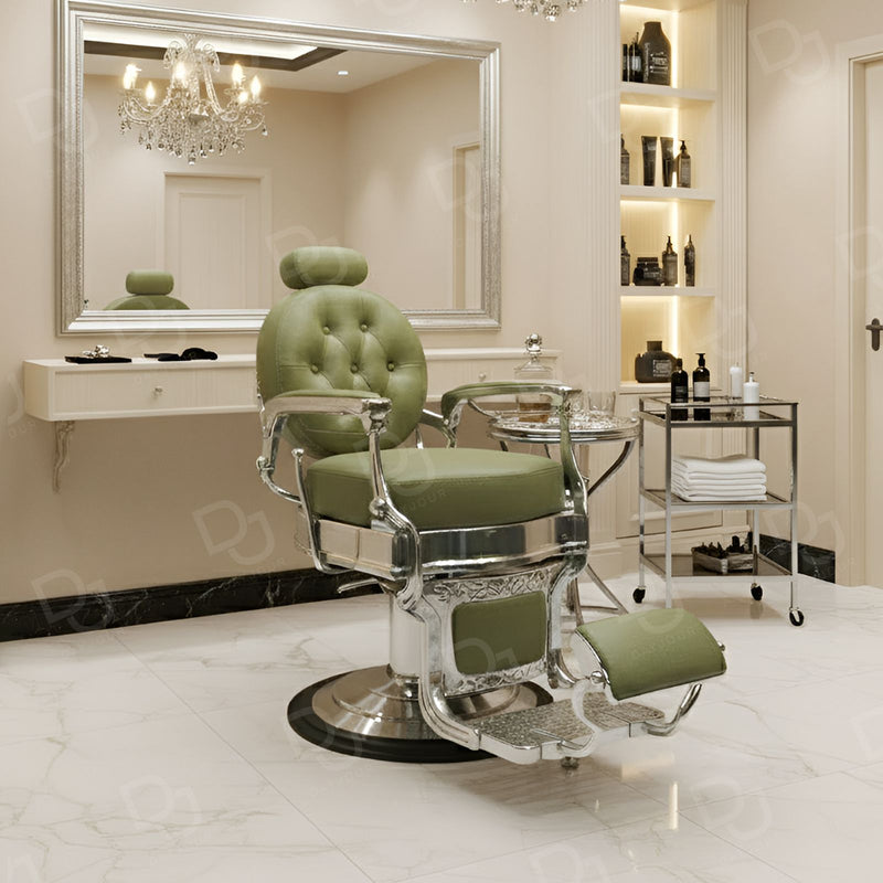 Salon Professional Barber Gents Cutting Chair Green Silver - Gents salon furniture UAE - Luxury gents salon furniture - Dayjour - UAE