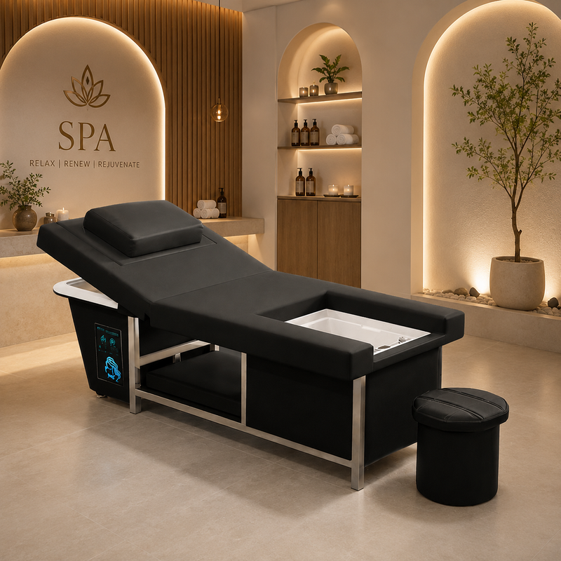 Luxury Electric Spa Japanese Massage Bed with Jacuzzi, Hair Wash & Integrated Water Heater – Black - Black furniture Saudi Arabia - Black spa bed Qatar - Dayjour
