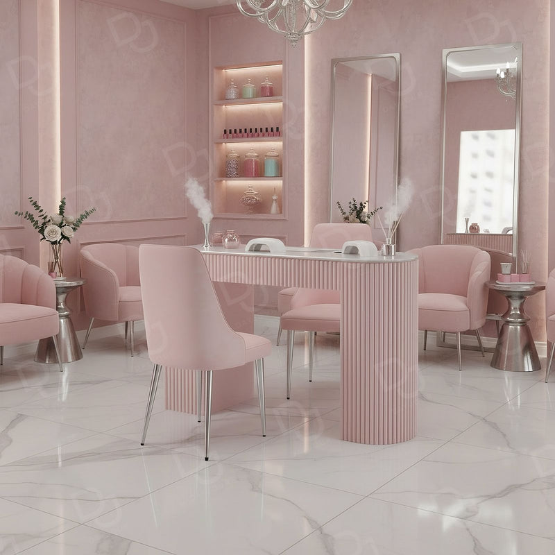Luxury Pink Manicure Table Set with Customer & Technician Chairs - Dayjour - Luxury pink manicure table with matching customer and technician chairs for an elegant nail salon and beauty studio - Manicure table in UAE - Pink manicure table Dubai