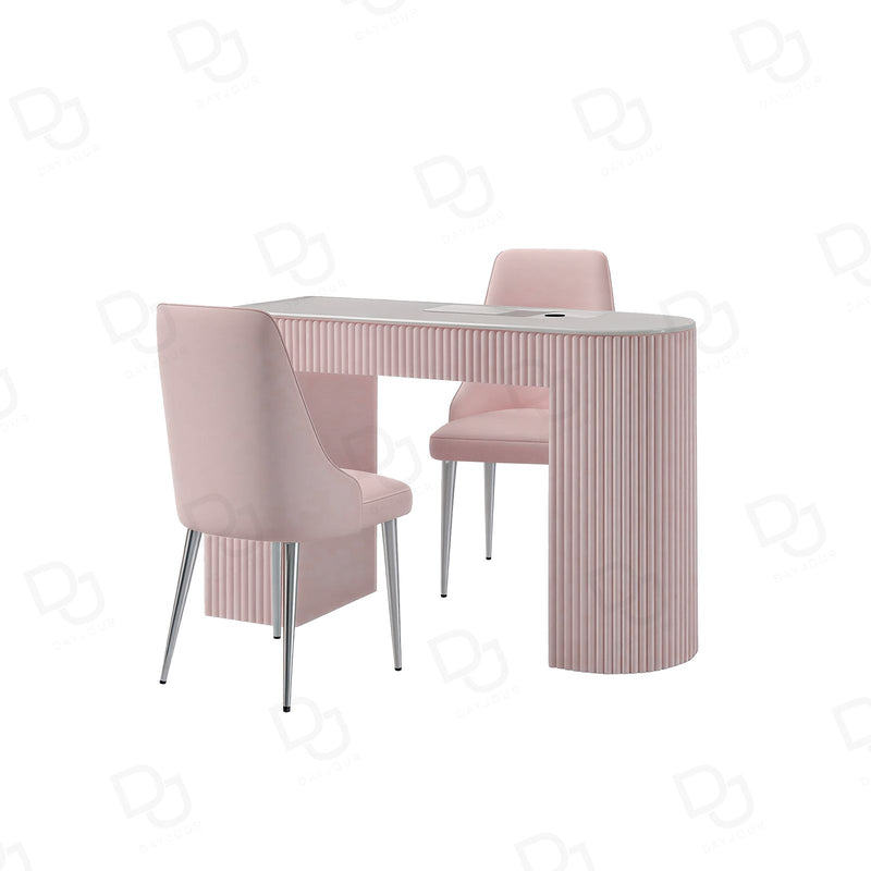 Luxury Pink Manicure Table Set with Customer & Technician Chairs - Dayjour - Luxury pink manicure table with matching customer and technician chairs for an elegant nail salon and beauty studio - Manicure table in UAE - Pink manicure table Dubai