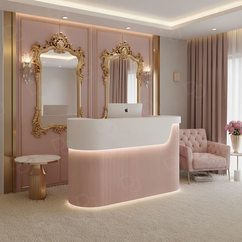 Luxury Pink Salon Reception Desk with LED Light & Storage - Salon furniture in UAE - Pink reception desk - Dayjour - Salon interior in Oman