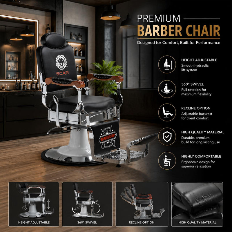 SCAR Professional Luxury Hydraulic Barber Chair with Chrome Frame, Adjustable Headrest and Footrest for Men's Salon