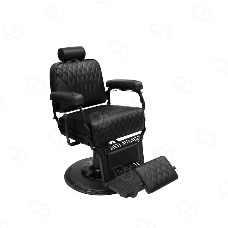 luxury reclining barber chair with quilted black leatherette, hydraulic lift and padded footrest – UAE salon furniture - Dayjour