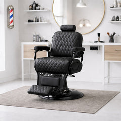 luxury reclining barber chair with quilted black leatherette, hydraulic lift and padded footrest – UAE salon furniture - Dayjour