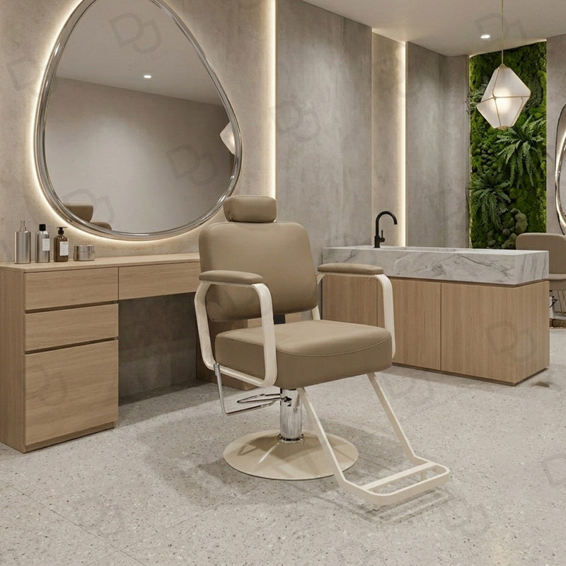 Khaki Brown Ladies Reclining Styling Chair – Hydraulic Salon Chair with Cream Base - Ladies facial chair - Ladies salon treatment chair in UAE - Dayjour