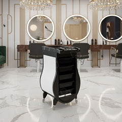 Professional Black & White Salon Trolley – 5-Drawer Hairdresser Cart with Tool Holder Workstation & 360° Wheels - Dayjour - Trolley organizer for spa - Makeup artist trolley in Dubai