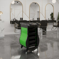 Professional Black & Green Salon Trolley – 5-Drawer Hairdressing Storage Cart with Tool Holder Top & 360° Wheels - Dayjour - Salon trolley in UAE - Trolley for spa in Abu Dhabi