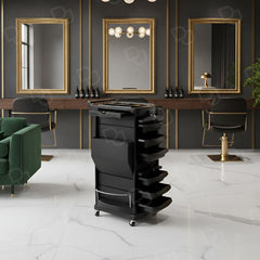 Professional Black Salon Trolley with 6 Storage Trays & Lockable Drawer – Premium Hair Styling Cart with Wheels - Dayjour