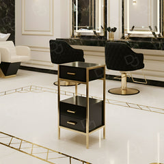 Salon Cart Hairdressing Trolley Black - Gold frame - Salon trolley - عربة صالون سوداء متعددة الأدراج مع عجلات لتخزين أدوات التصفيف - Dayjour - UAE