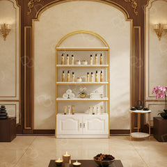 Cosmetic Product shelf White color -  gold frame - product display stand iwth storage for salon in UAE - Dayjour