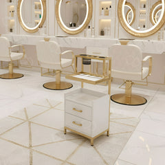 Salon Hair Beauty Trolley Station White Golden - وحدة صالون تجميل بلون ذهبي وكريمي مع مرايا ومساحات لتخزين أدوات الشعر - Salon trolley - Dayjour - UAE